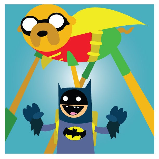 Adventure Time in Gotham City  Hero Square - Original Artwork - 8.5" x 8.5" Finn & Jake Batman Print