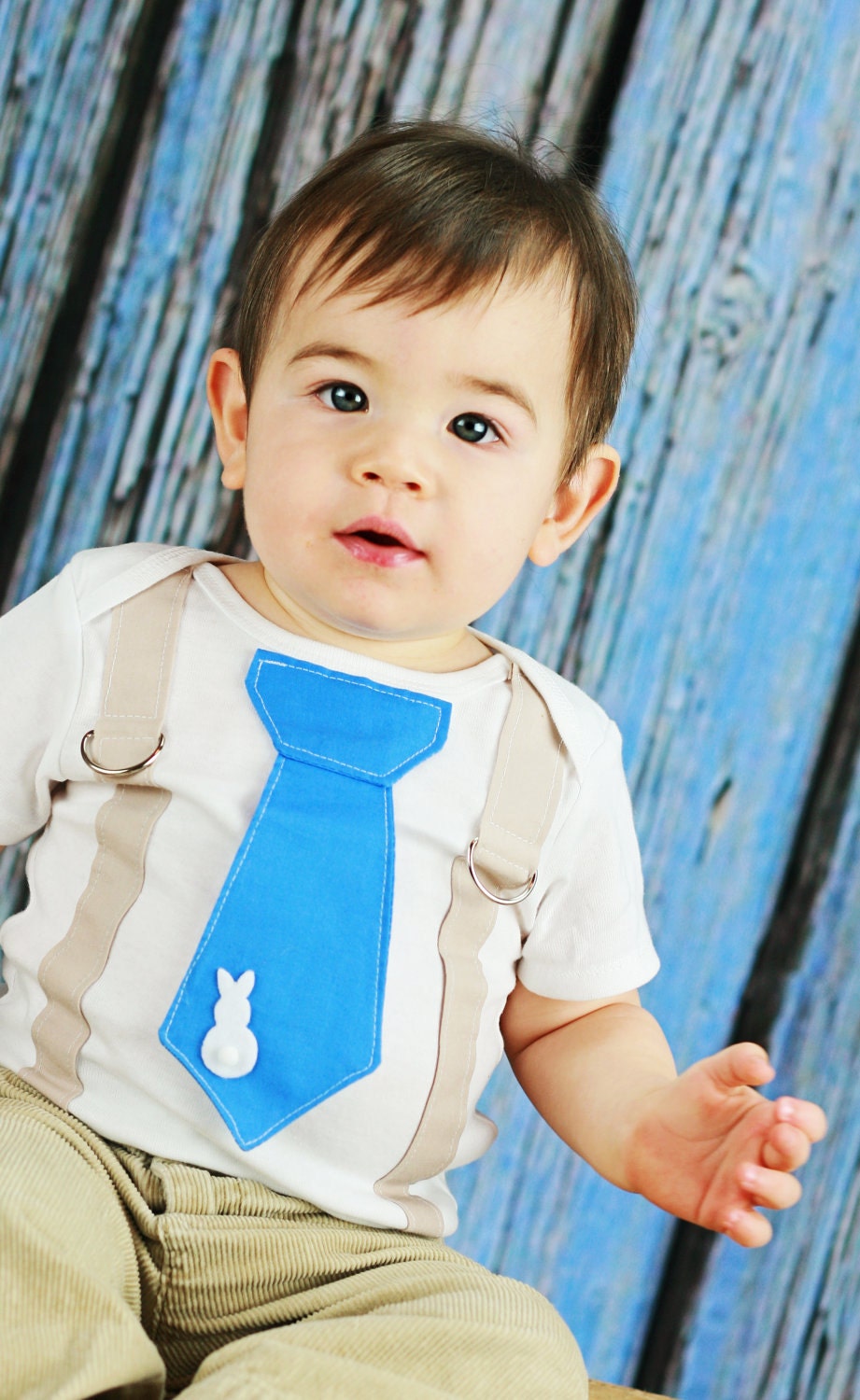 Bunny Baby Boy Tie Onesie with Suspenders  - Pick your colors