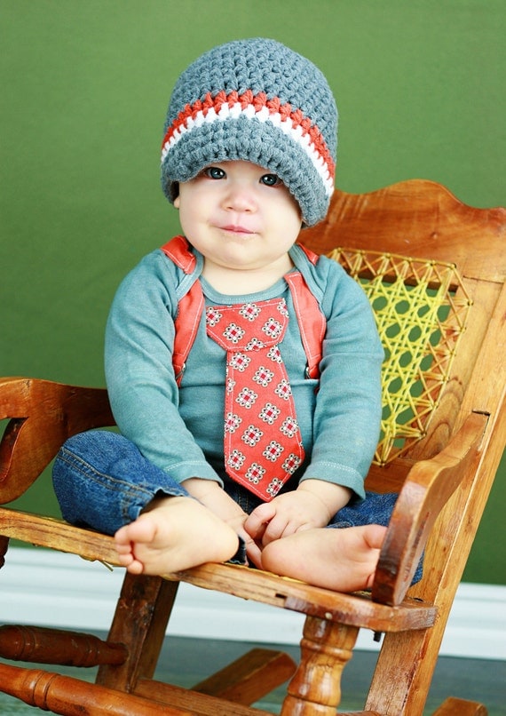Get The Set - Tangerine and Grey Tie Onesie or Shirt with Suspenders (front and back) and Visor Crocheted Hat