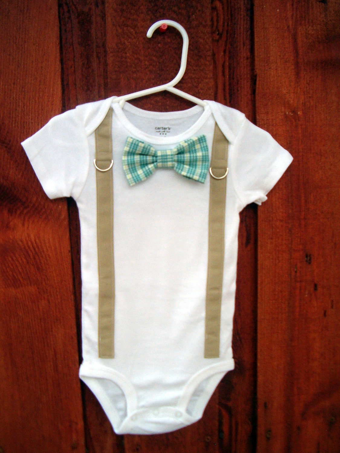Baby Boy Bowtie & Suspender Onesie or shirt- Blue and Green Plaid - NB to 12 Years - or pick your own