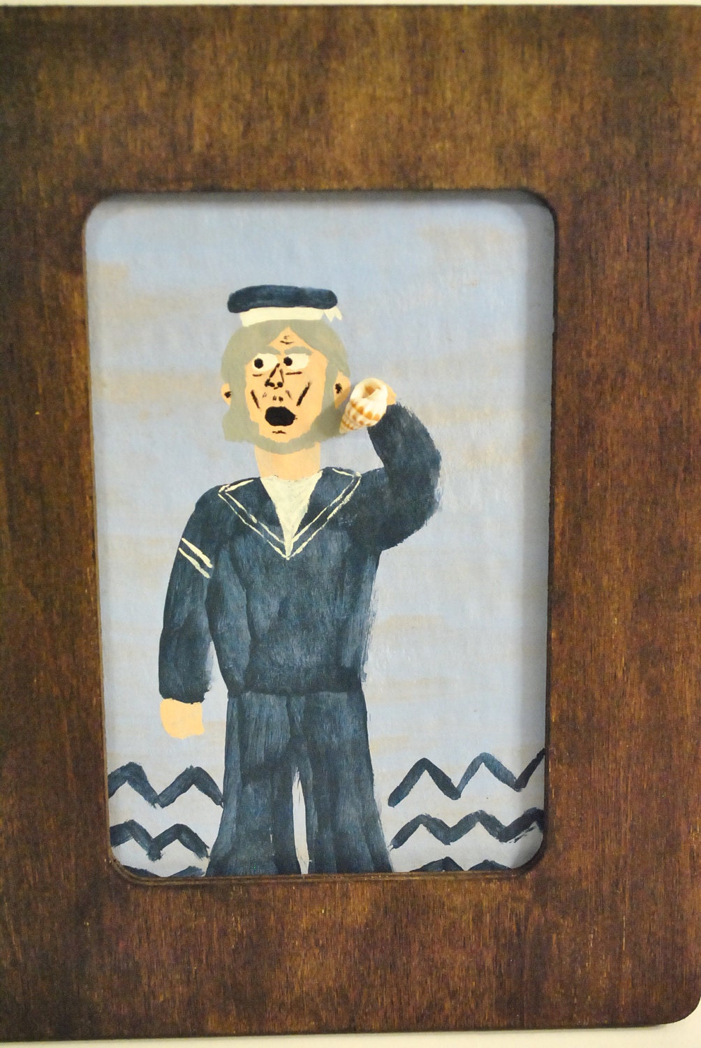 Sailor and a Seashell Framed Original Folk Art Painting