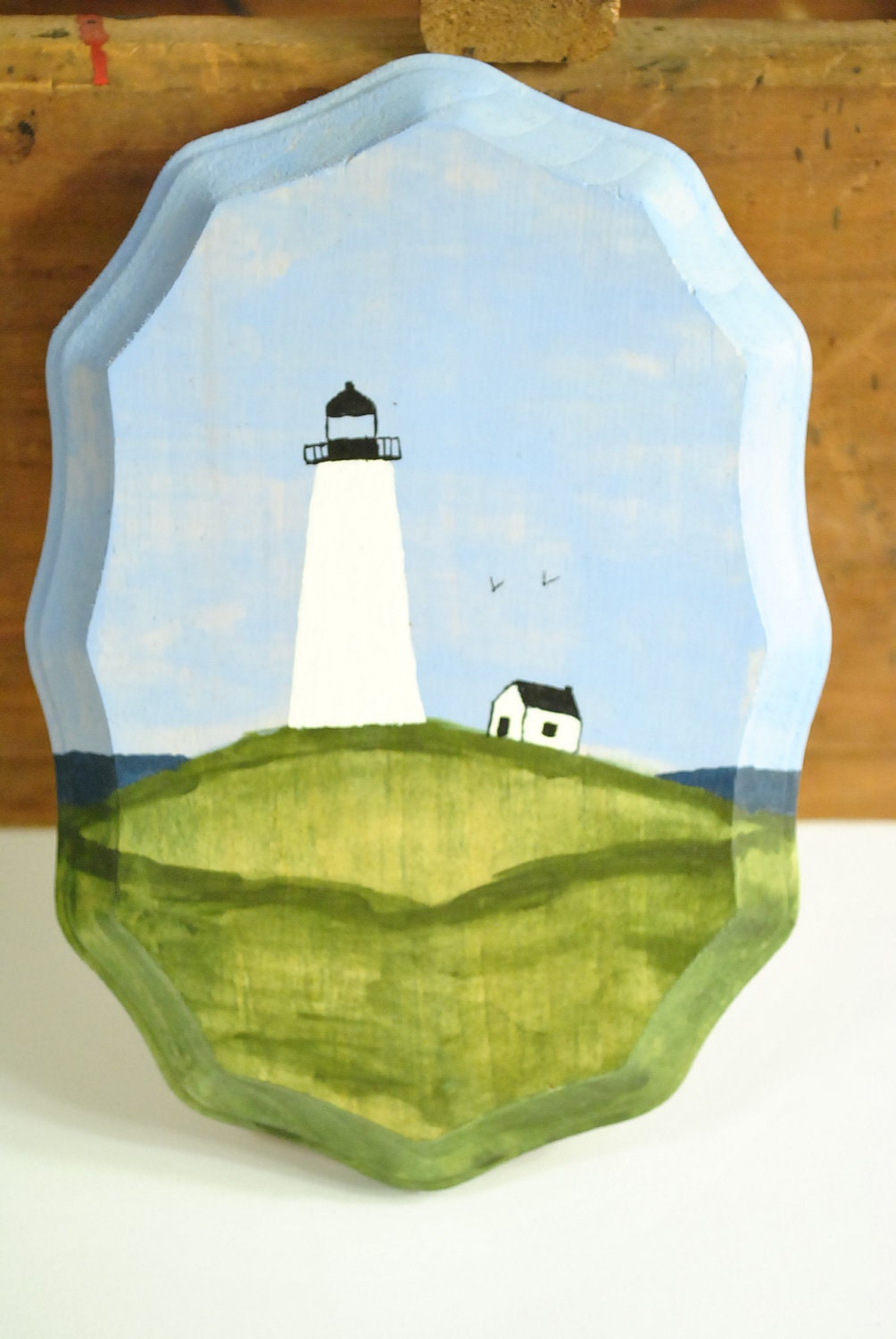 Lighthouse and Ocean Original Painting on Wood Folk Art