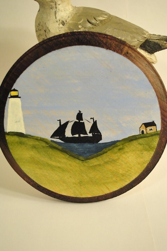 Lighthouse and Sail Ship Ocean Scene Original Folk Art Painted Wood Plaque