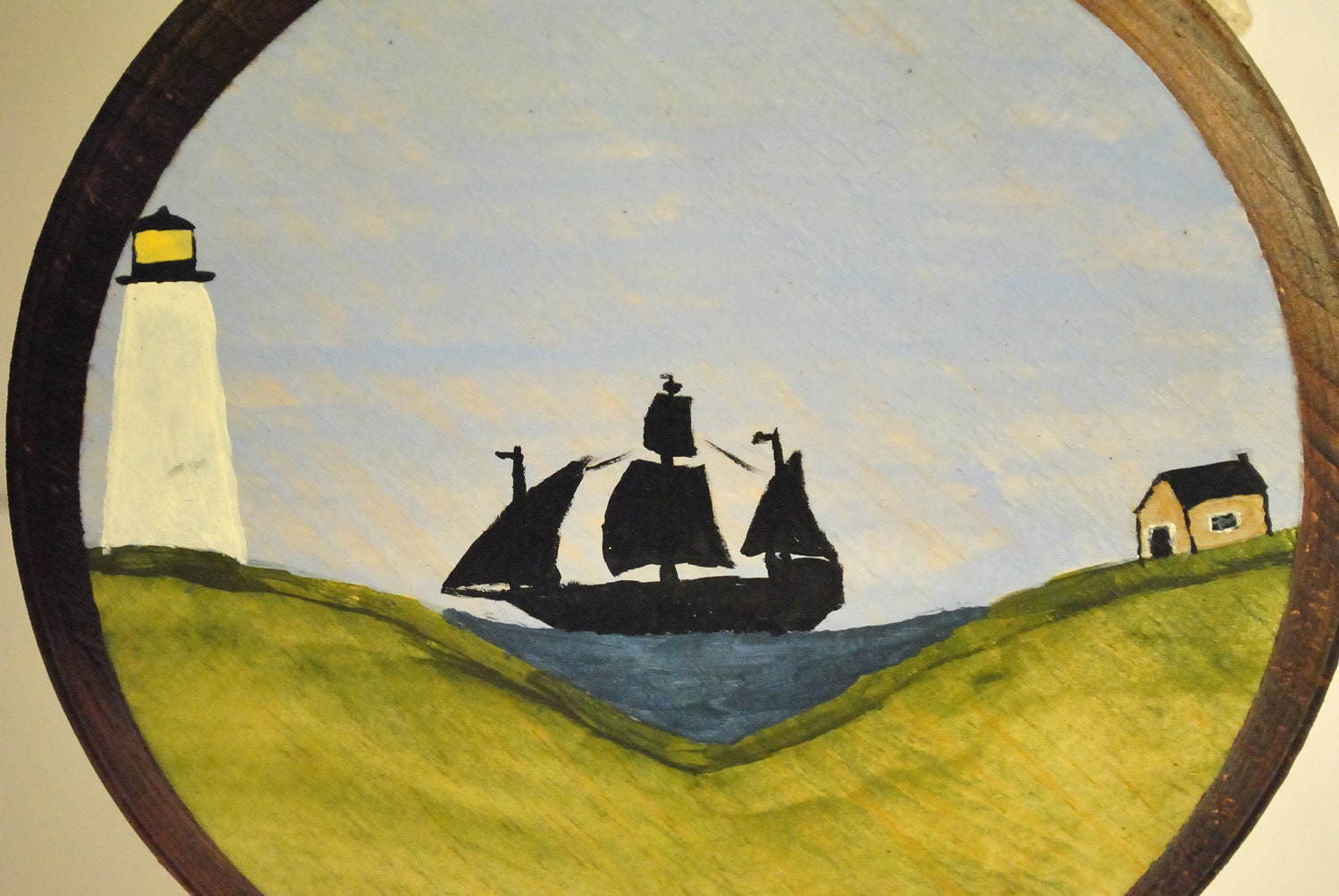 Lighthouse and Sail Ship Ocean Scene Original Folk Art Painted Wood Plaque