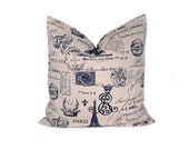 Decorative Throw Pillow Cover Navy Pillow Dark Blue Pillow French Script Pillow16x16 French Country Decor Printed Fabric both sides