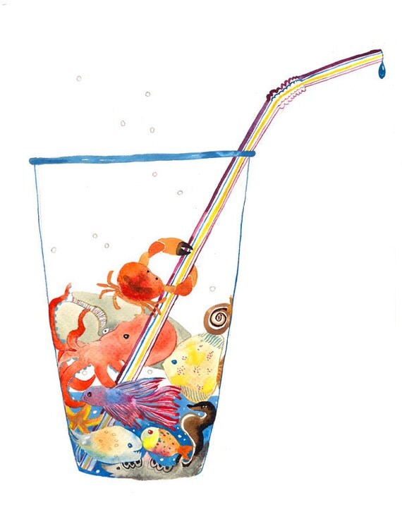 Earth Animals Environment Eco Water Ocean Watercolor Illustration Print Multicolored
