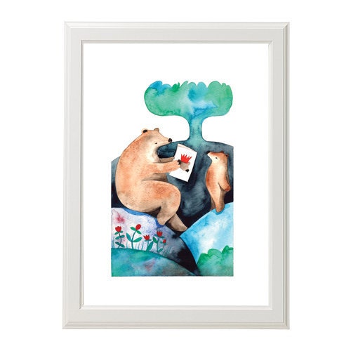 Bear School Nursery Art Children Watercolor Illustration Print Brown Turquoise Flower Leaf Tree