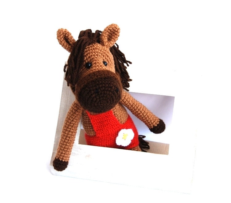 stuffed horse, amigurumi crocheted bronco, plushie hoss, woodland, farm animal, toy for children, red and dark brown, beige