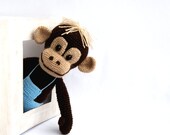 stuffed monkey, amigurumi crocheted animal, plushie toy for children, animal soft doll, dark brown, blue, jungle monkey - crochAndi