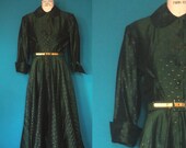 SALE// Forrest Green Silk Taffeta Party Dress with Gold Embroidery and Belt 1950