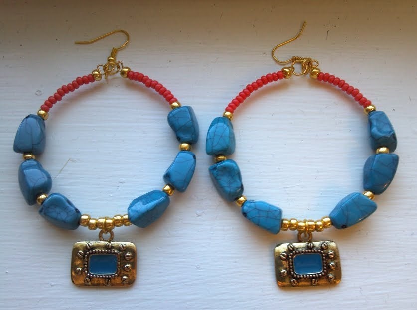Turquoise , Coral, and Gold colored Earrings, Boho Hoop Beaded Earrings