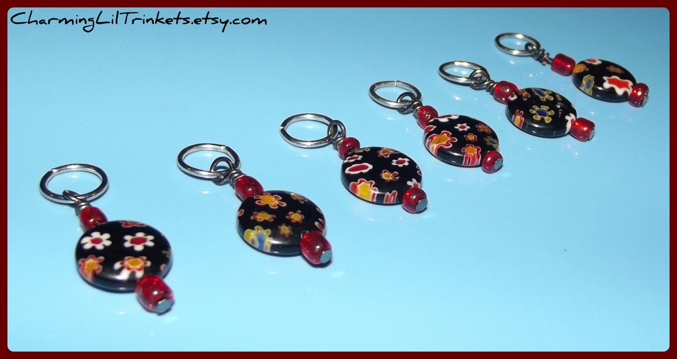 Stitch Markers - Black Flowered Millefiori Coins - Set of Six