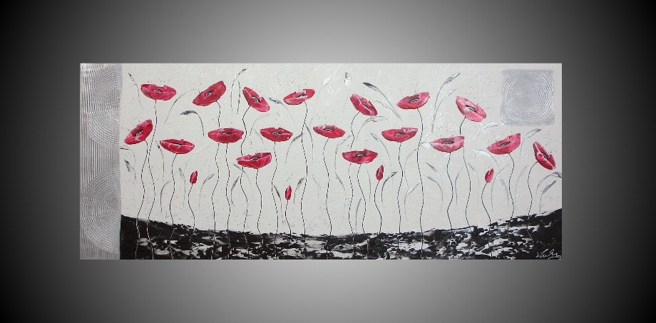 Acrylic Painting Abstract Red Poppies Flower on large canvas Silver White Original Art Deco Textured Ready to Hang 48 x 20 FREE SHIPPING