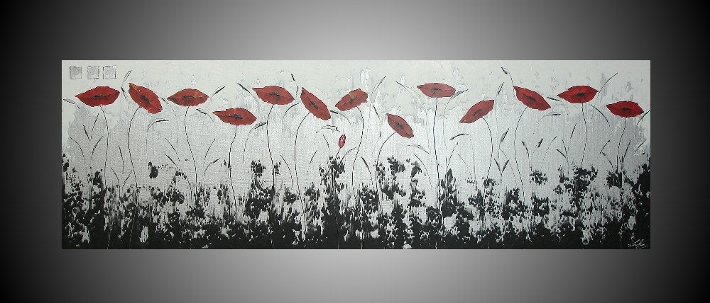Acrylic Painting Abstract Poppies Flower Wall Deco Large Canvas White Black Red Original 60 x 20 FREE EXPRESS SHIP in 4 Days in your Home