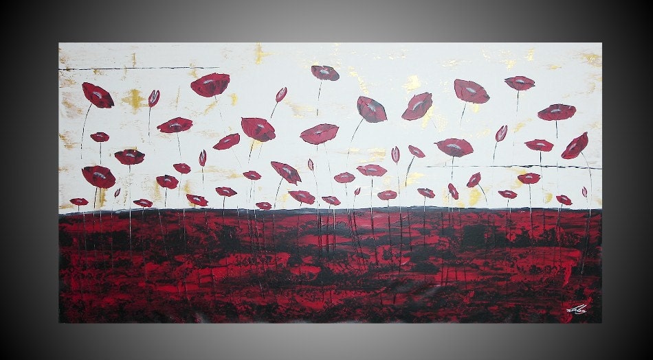 75 x 39 XXL Oversized Abstract Acrylic Painting Red Poppies Floral Flowers Black White Gold Modern Wall Art Deco FREE SHIPPING