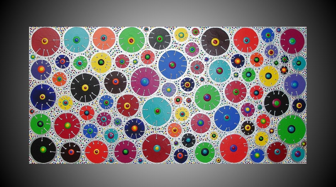 48 x 24 Acrylic Painting Abstract Colorful Circles 3D Effect Art Deco on Canvas Thick Textured Mixed Media art Ready to Hang Made to Order