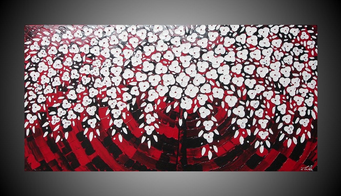 48 x 24 Acrylic Painting Abstract Tree Cherry Blossom 3D Effect Art Deco Canvas Thick Textured Black Red White Ready to Hang Made to Order