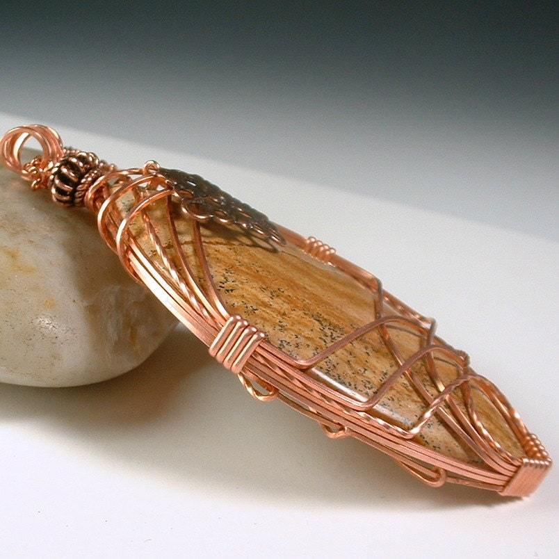 Cream and Brown Picture Jasper Marquise Wire Wrapped Pendant in Copper