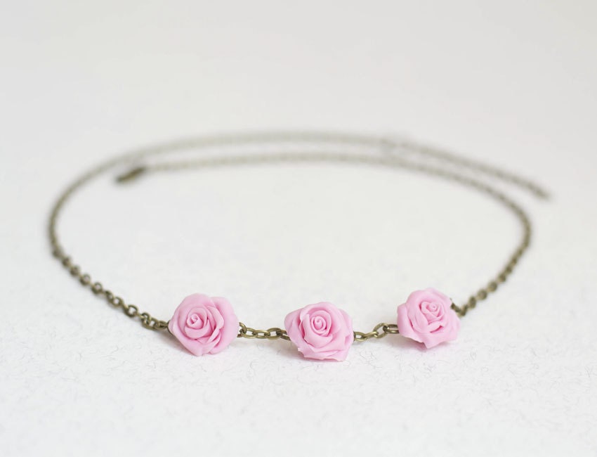 Pink Roses Necklace - flower necklace, antique bronze necklace, bridal, bridesmaids gift, spring wedding