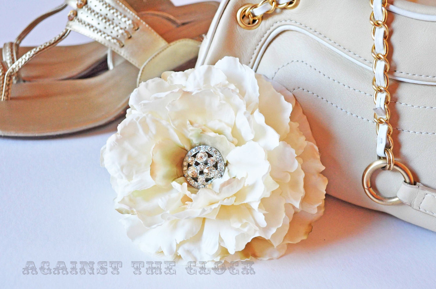 Flower hair fascinator, vanilla ivory silk accessory, oversized rhinestone