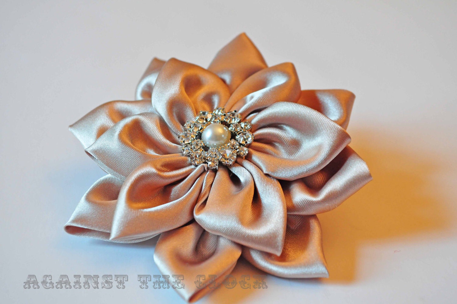 Flower hair fascinator/ brooch, fabric flower, Kanzashi satin, vintage button