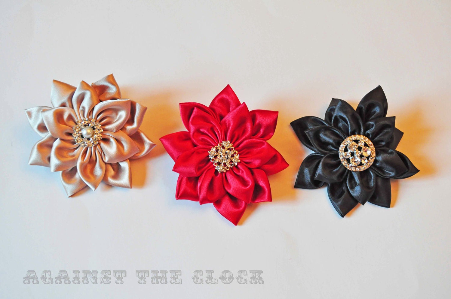 Flower hair fascinator/ brooch, fabric flower, Kanzashi satin, vintage button
