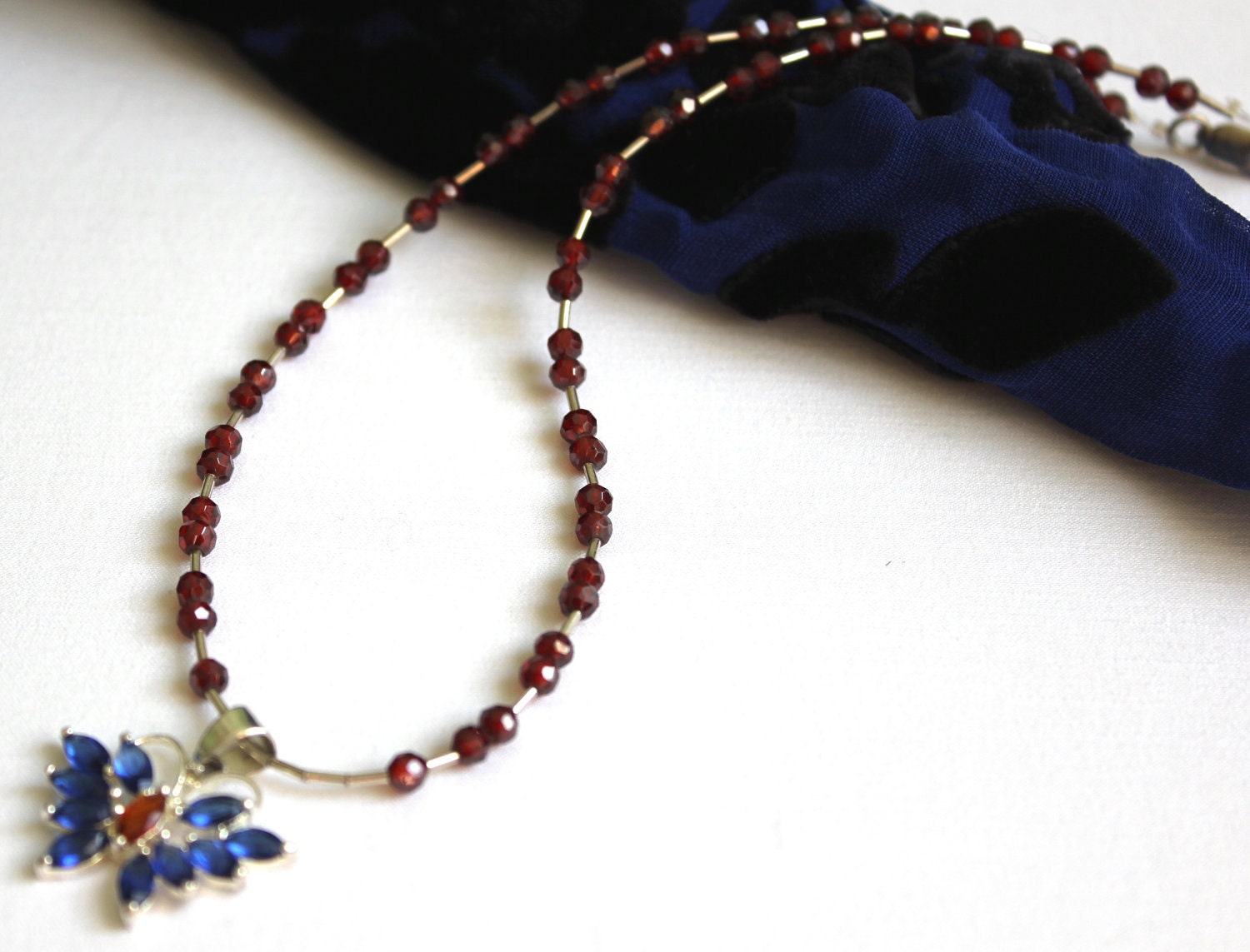 Butterfly Red Blue Necklace: Whimsical Woodland crystal butterfly necklace.Hand Beaded Jewelry
