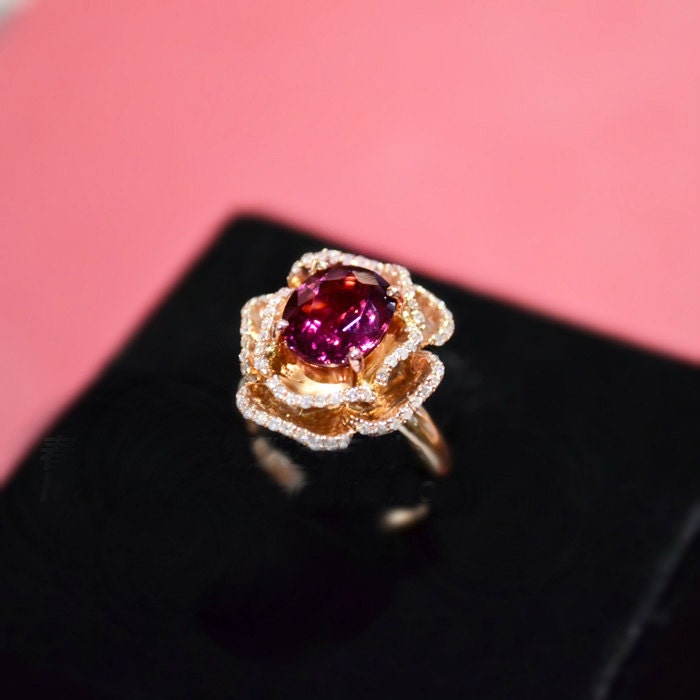 Engagement Ring - 2.1 Carat Rubellite Tourmaline Ring With Diamonds, 14K Rose Gold