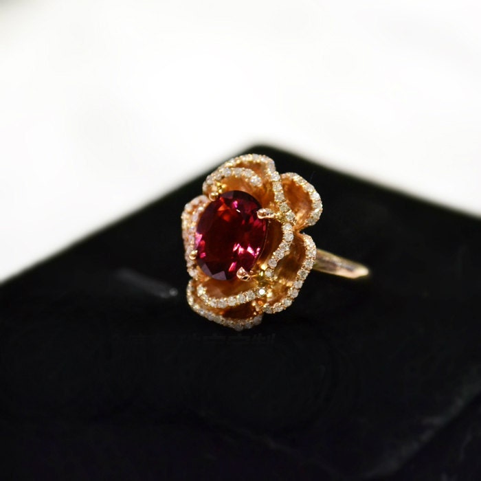 Engagement Ring - 2.1 Carat Rubellite Tourmaline Ring With Diamonds, 14K Rose Gold