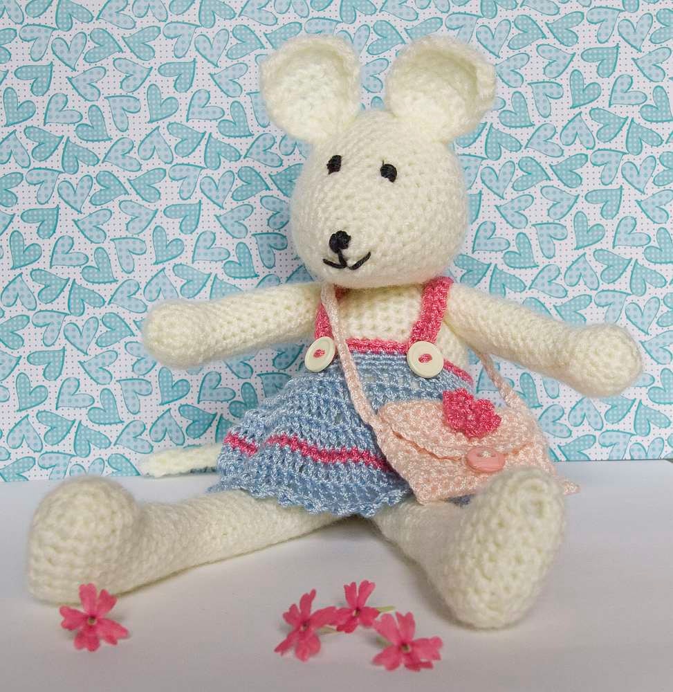 Baby gift - Crocheted little white mouse with pink and blue clothes and little pink purse