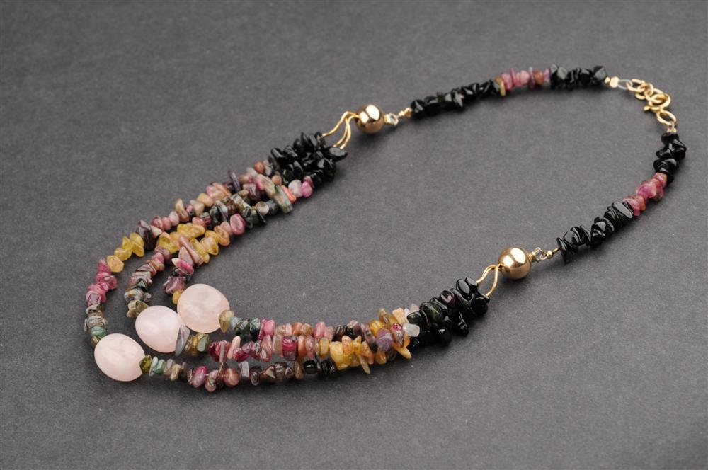 Tourmaline and Pink Rose Quartz Necklace with Gold Filled Beads - "Rainbow Dusk"