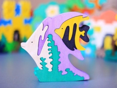 Colorful Wood / Wooden Puzzle 2 Fishes. Handmade kids toy. Wooden ecofriendly toys for children. Ready to ship.