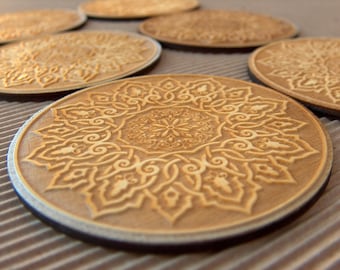 Engraved wooden coasters set