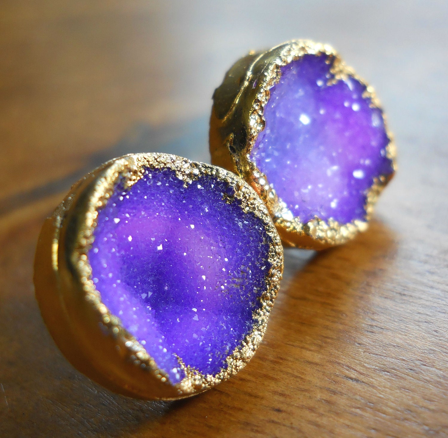 Purple druzy stud earrings, 18k gold dipped