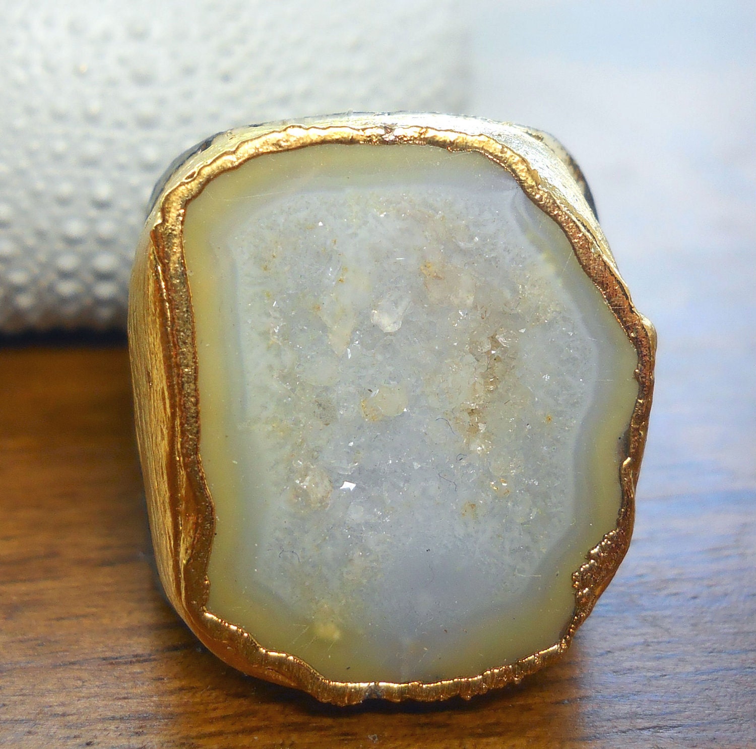 Buttercream druzy geode statement ring, 18k gold dipped