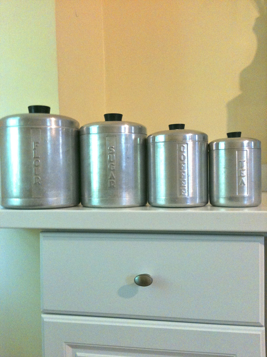 Midcentury Vintage 4 pc. Set of Brushed Aluminum Canisters - Flour.Sugar.Coffee.Tea.
