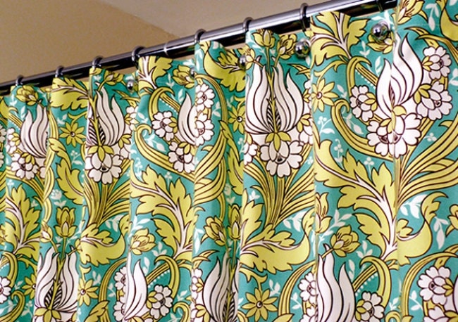 Amy Butler Shower Curtain in Water Lily Pattern in Shades of Green and White sized 72" x 72" (curtain hooks sold separately)