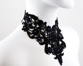 Black Bib Lace Choker Necklace with Purple Amethyst Stones - Victorian Gothic Goth Large Chocker Jewelry for Women