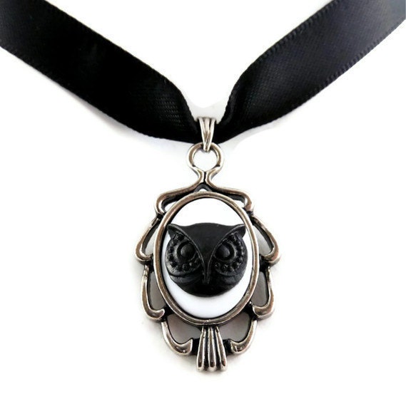 Black Owl Cameo Pendant with Satin Choker Necklace - Silver Plated Setting - Bird Head - Goth Steampunk Gothic Lolita Victorian