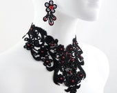 Jewelry Set Black Lace and Red Rubies Choker Necklace and Earrings - Victorian, Gothic, Wedding, Romantic, Burlesque, Dramatic - Arthlin