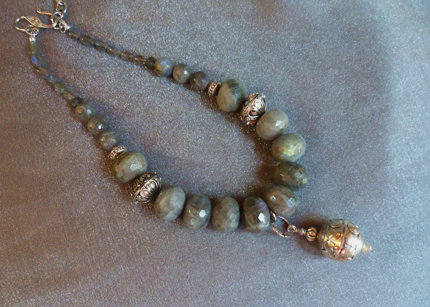 Tribal, chunky, beautiful labradorite necklace with large silver plated beads and silver pendant bead
