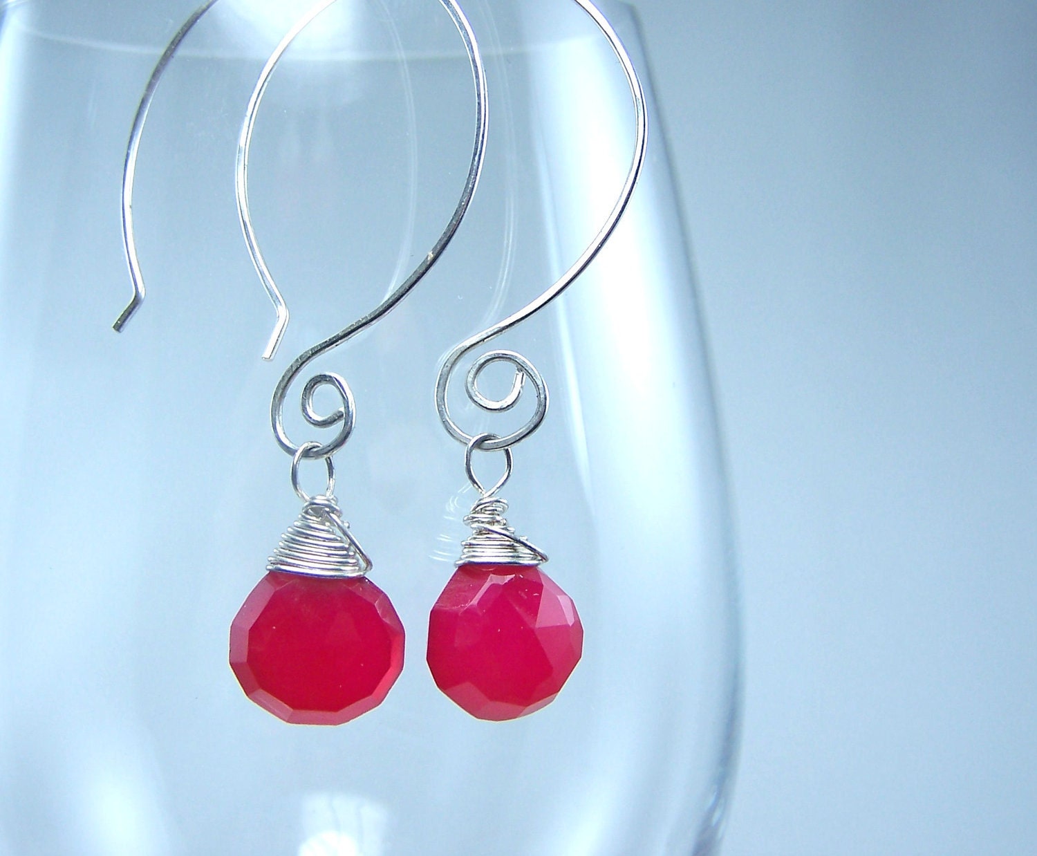 Hot Pink Chalcedony Heart Briolette Sterling Silver Hammered  Fancy Wire Hoop Earrings