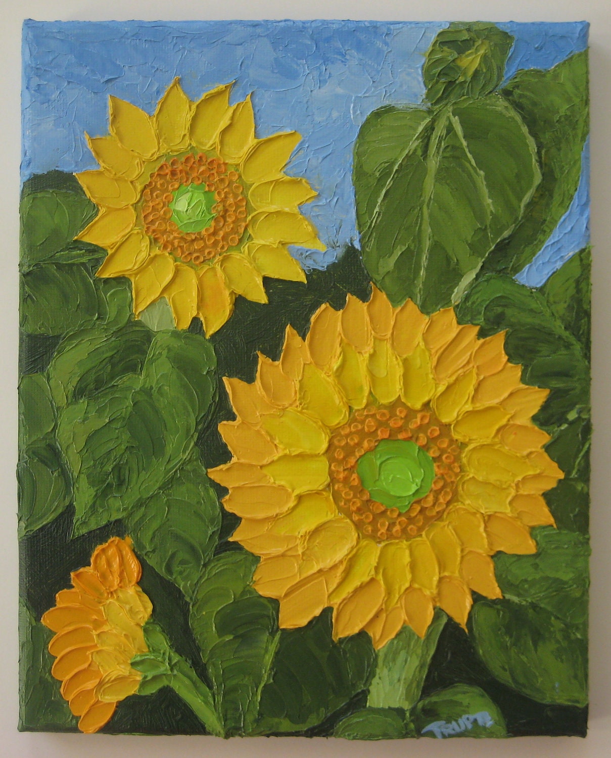 ORIGINAL Oil Painting-Sunflowers in neighbours backyard Impasto Art by Trupti