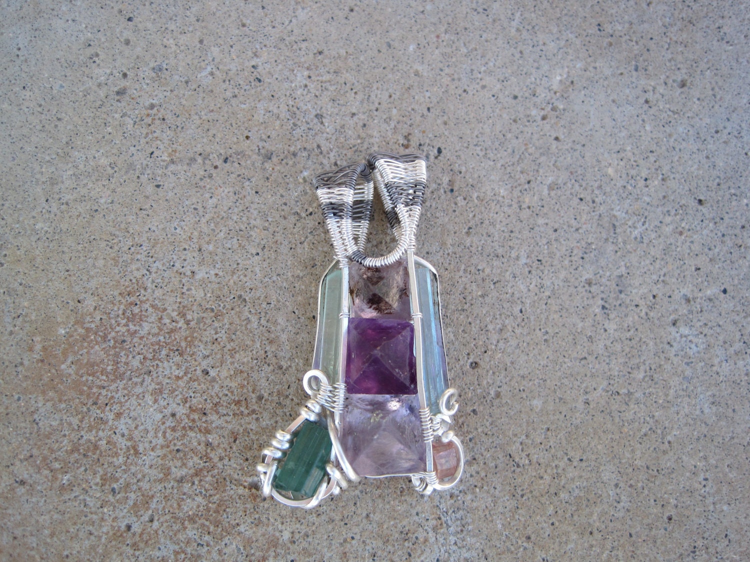 wire wrap, brazilian tormaline, x3 fluorite octahedrons, aquamarine fine silver, titanium