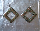 Diamond shape bronze and green sparkle leopard spot looking 1980's earrings vintage