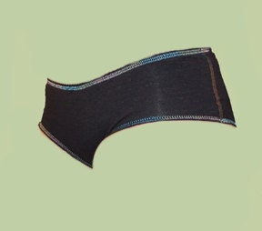 Bootyhuggers Hemp panties in black with rainbow pastel varigated contrast stitching in sizes Xxs, Xs, S, M, L, Xl and Xxl