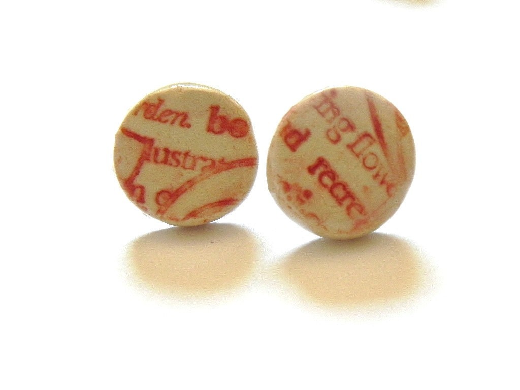 Red Letters Round Studs Ceramic White Post Earrings Sterling Silver Plated Shiny Jewelry in Recycled Paper Box