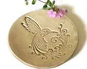 Hummingbird Ceramic Dish, Sand Color Plate, Bird Ring Holder in a Recycled Paper Box - Ceraminic