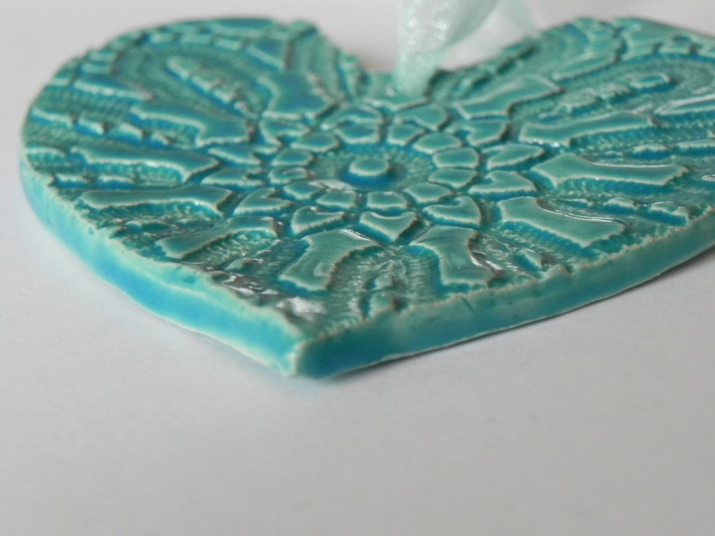 Ceramic Heart Ornaments Caribbean Blue Pottery Aqua Vintage Lace Pattern Organza Ribbon