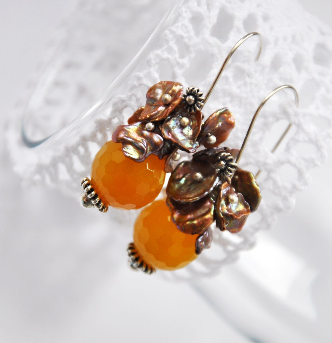 Reserved Earrings yellow agate and brown pearl keishi "Honey dried apricots"